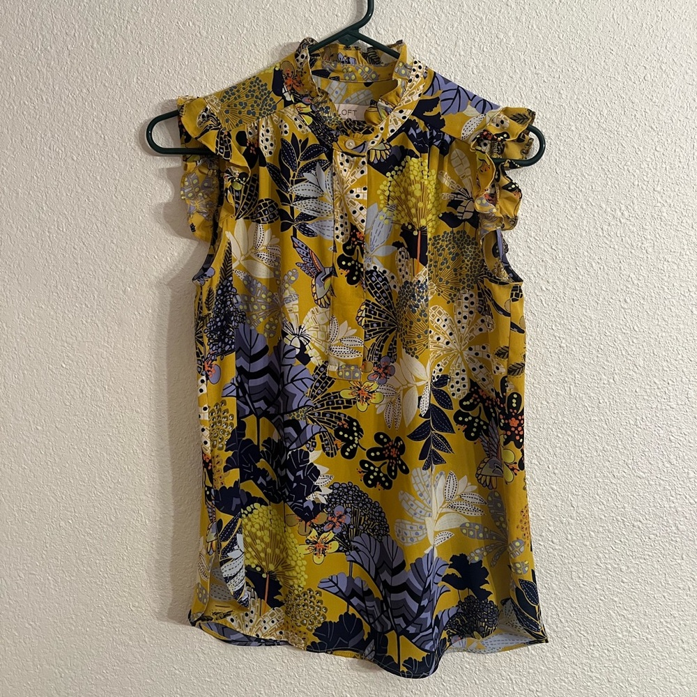 LOFT Yellow Floral Ruffle Sleeve Blouse